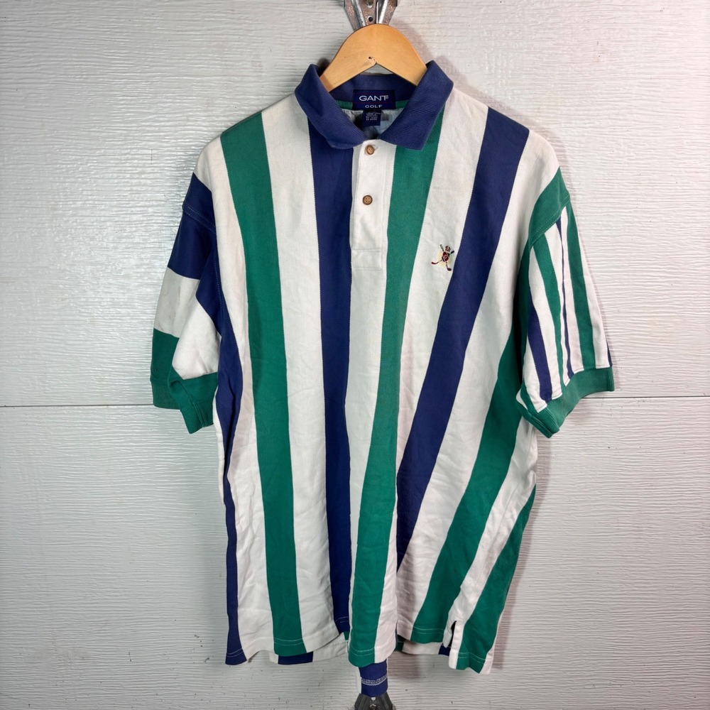 Vintage 90s GANT Golf Vertical Stripe Polo Shirt Large Green Blue Preppy